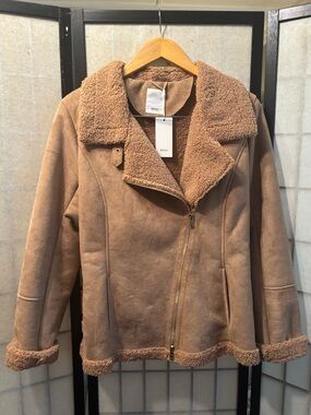 BRAX NWT Faux Suede Moto European Lined Asymmetrical Zip, Fleece Detail Jacket